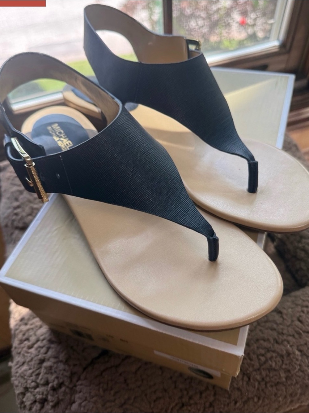 Michael Kors Admiral Blue Thong Sandals with Beige Footbed and Gold Buckle